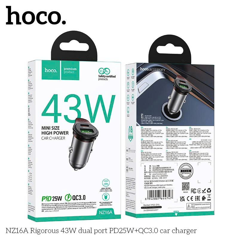 Cóc sạc xe hơi HOCO NZ16A sạc nhanh 43W (usb + type-c)
