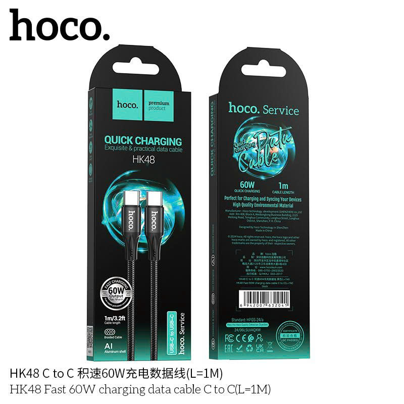 Cáp sạc 60W HOCO HK48 1m dây dù 2 đầu type-c chính hãng